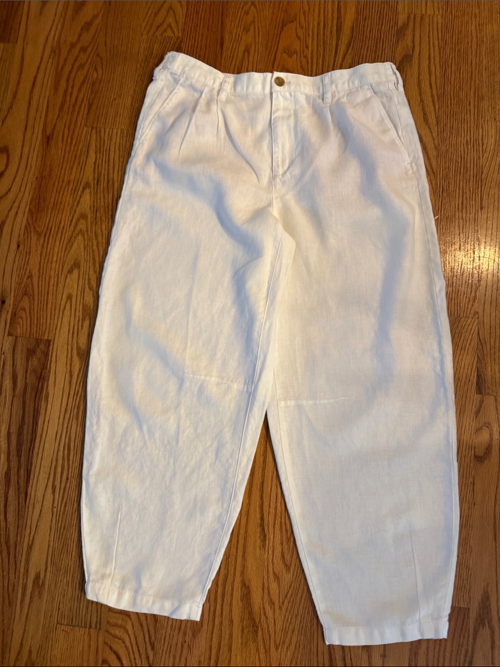 Lands' End White Barrel Cropped Elastic-Waist Linen-Blend Pants